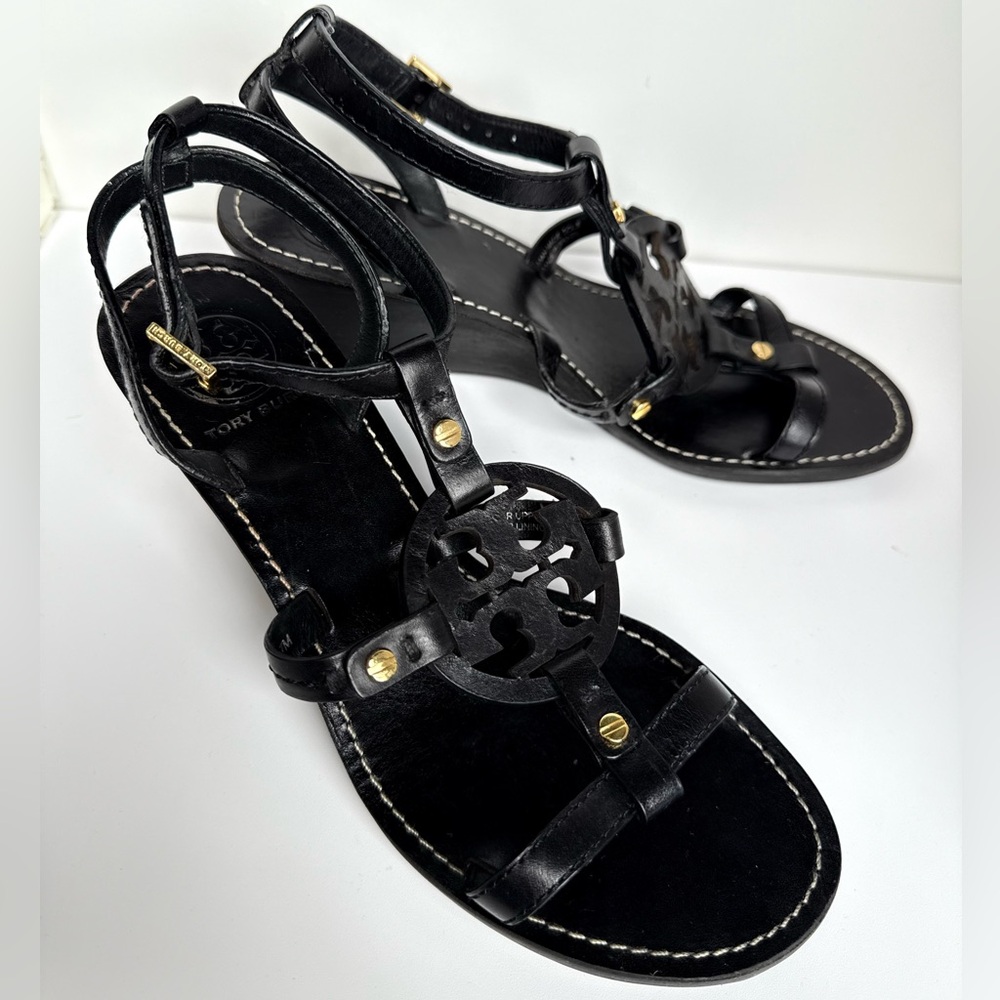 Tory Burch Black Leather Miller Logo Wedge Ankle Strap Sandals Size 7M - Picture 5 of 11